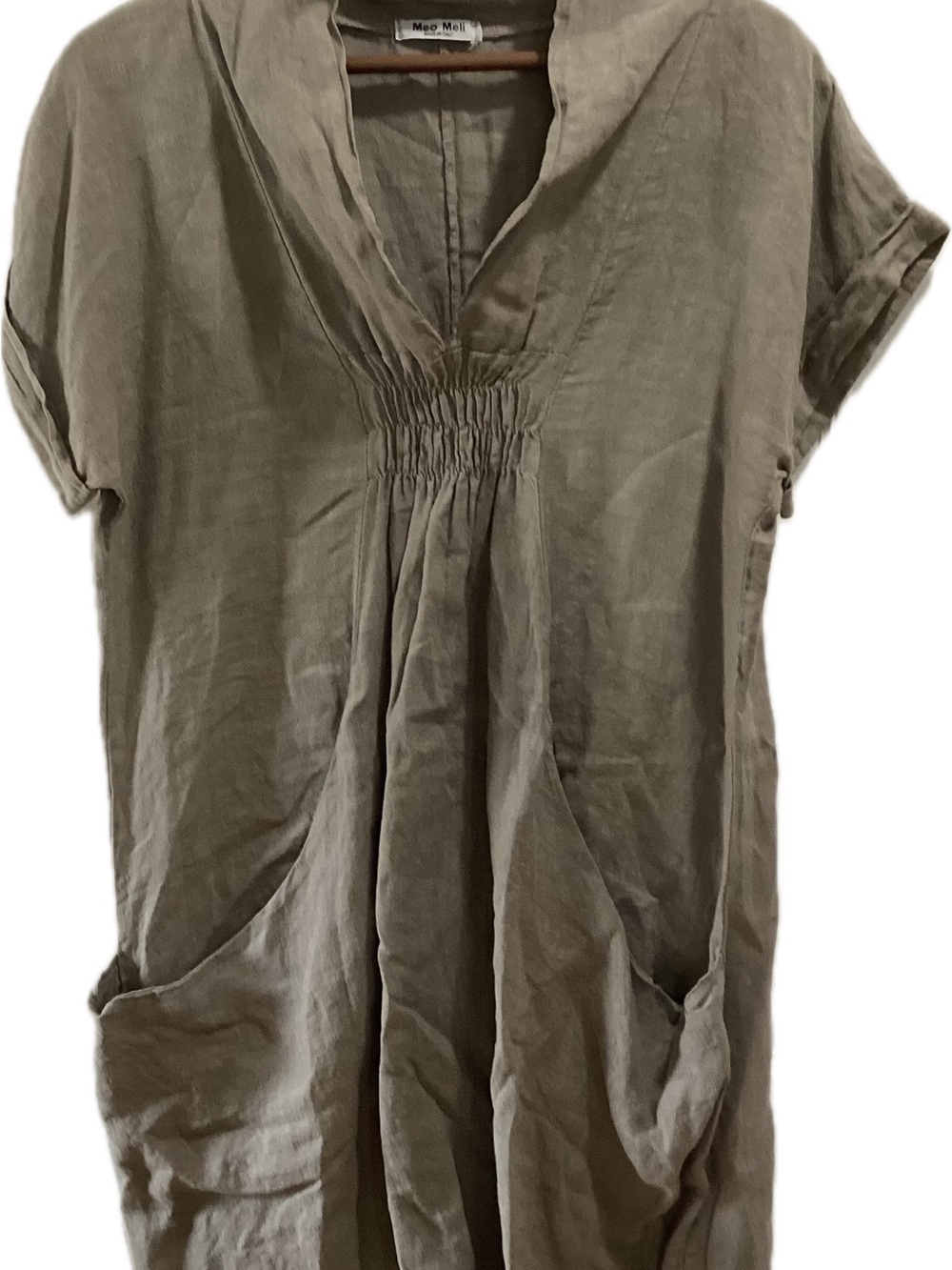 MaoMao Taupe Linen Short-Sleeve V-Neck Tunic Dress